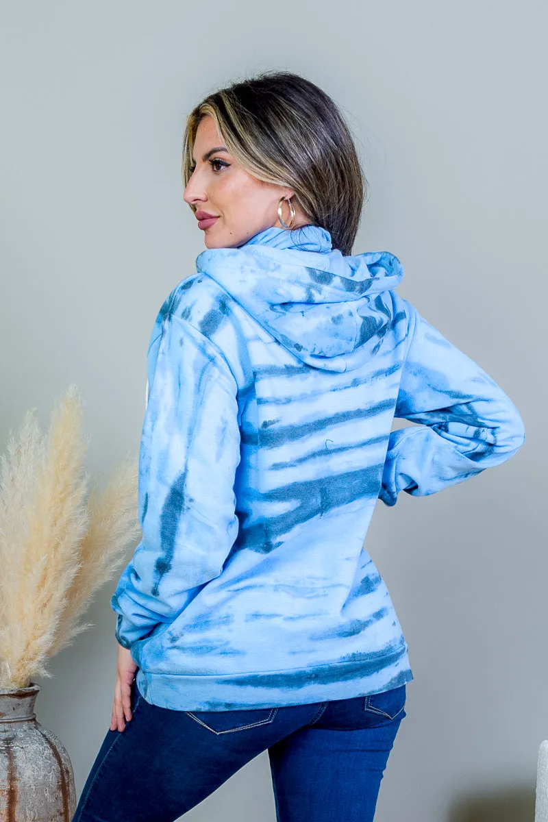 Tiger Stripe Tie Dye Long Sleeve Hoodie Sweater with Drawstrings in Tide Blue (AK1707J-002VS)