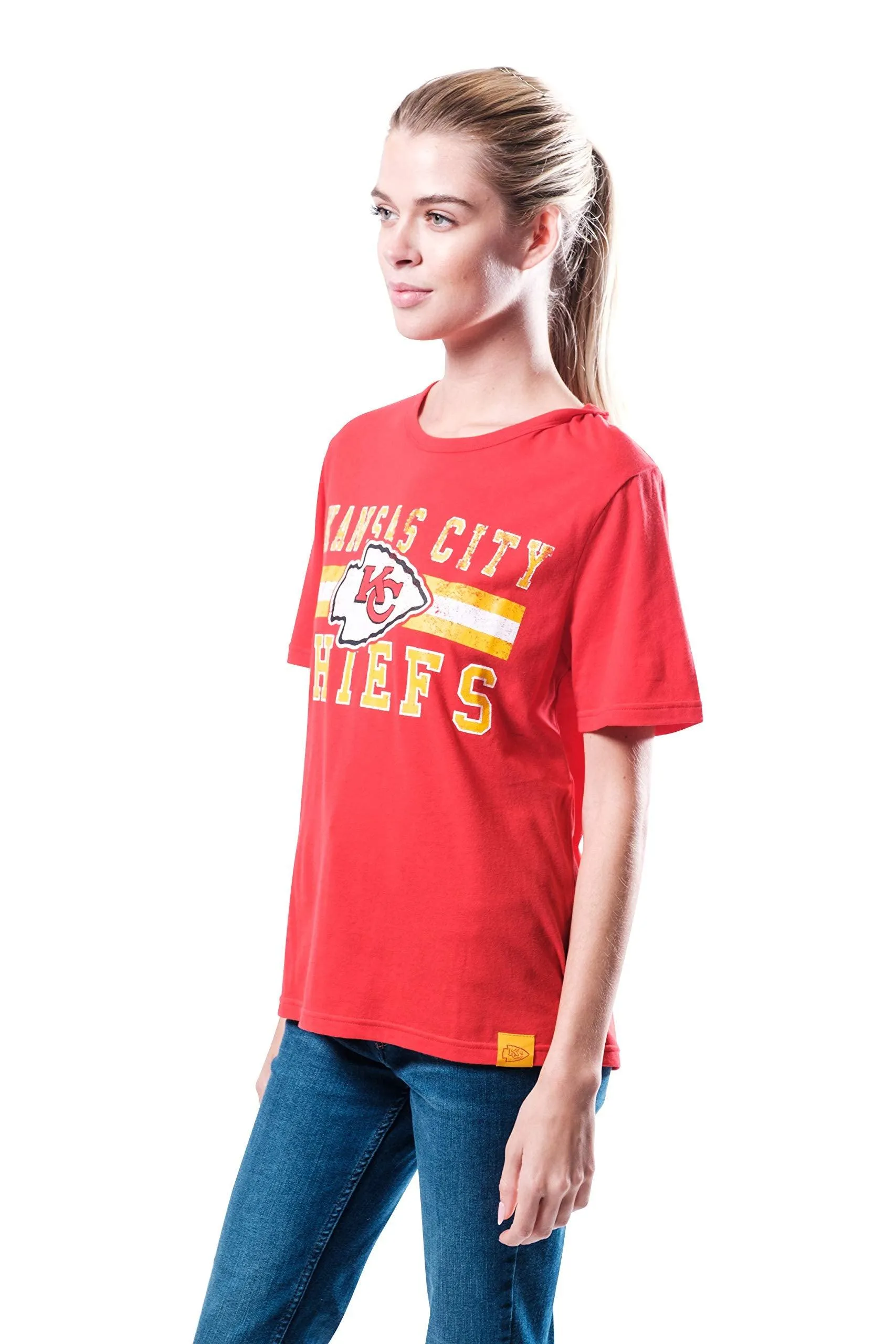 Ultra Game NFL Official Women's Distressed Graphics Super Soft Crew Neck T-Shirt, Kansas City Chiefs, Team Color|Kansas City Chiefs