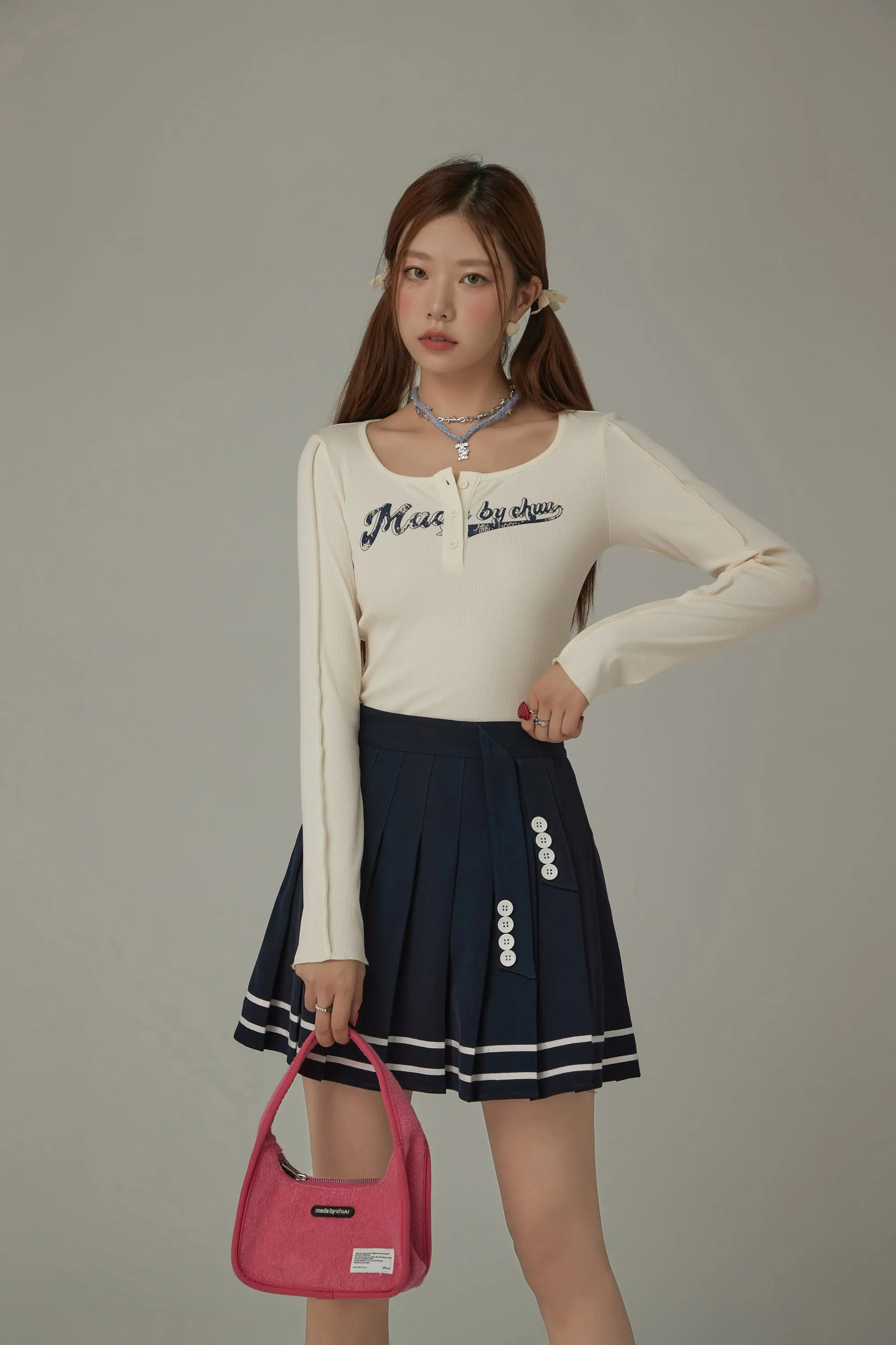 Unbalanced Logo Button Long Sleeve Slim T-Shirt