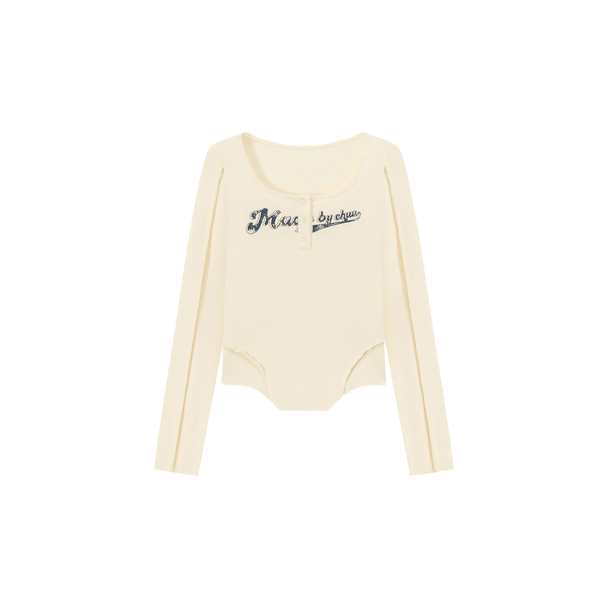 Unbalanced Logo Button Long Sleeve Slim T-Shirt