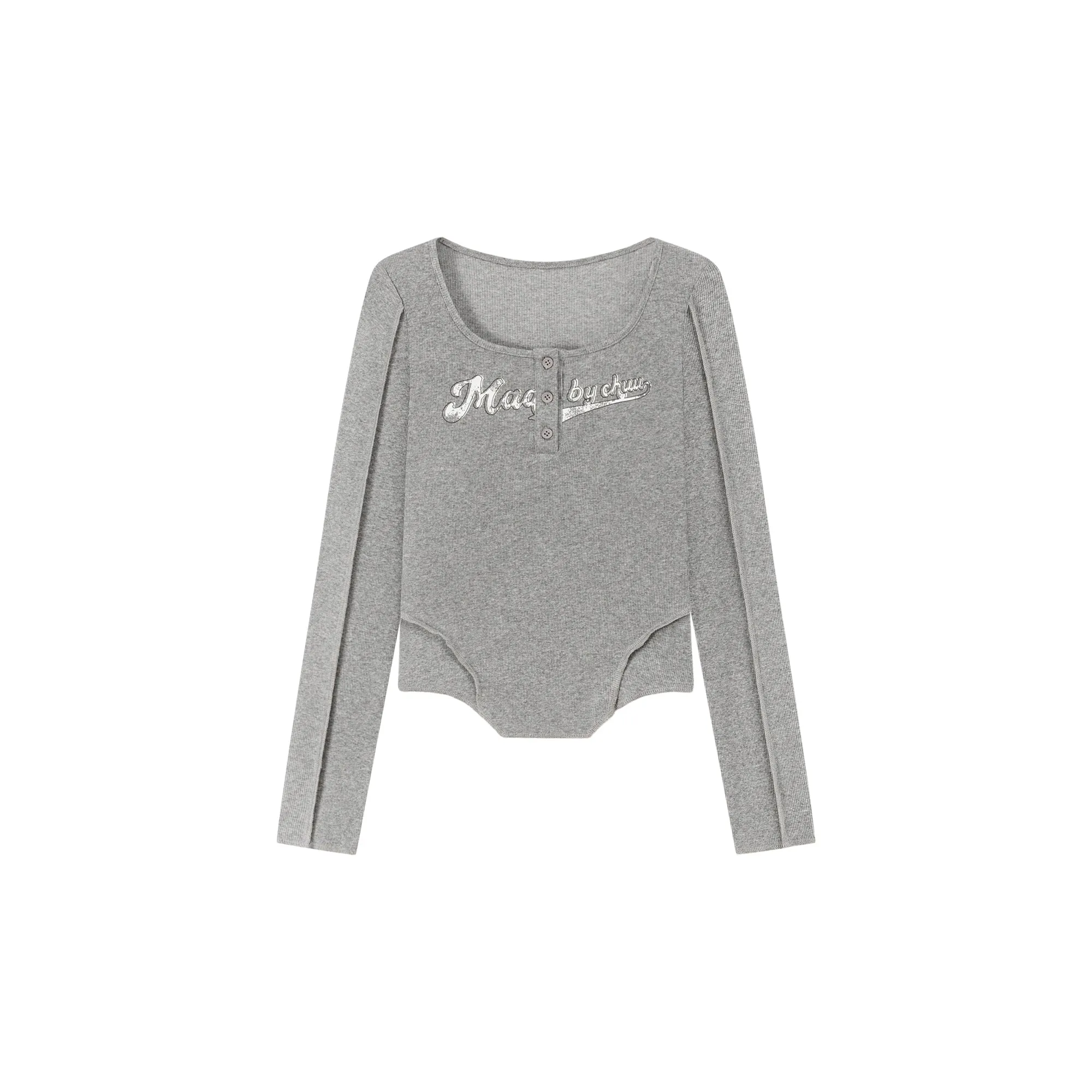 Unbalanced Logo Button Long Sleeve Slim T-Shirt