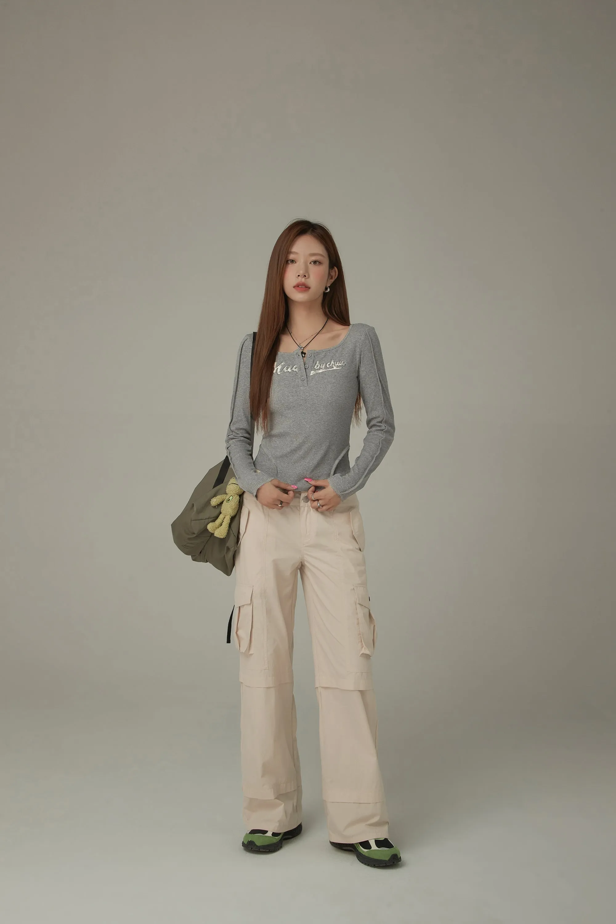 Unbalanced Logo Button Long Sleeve Slim T-Shirt
