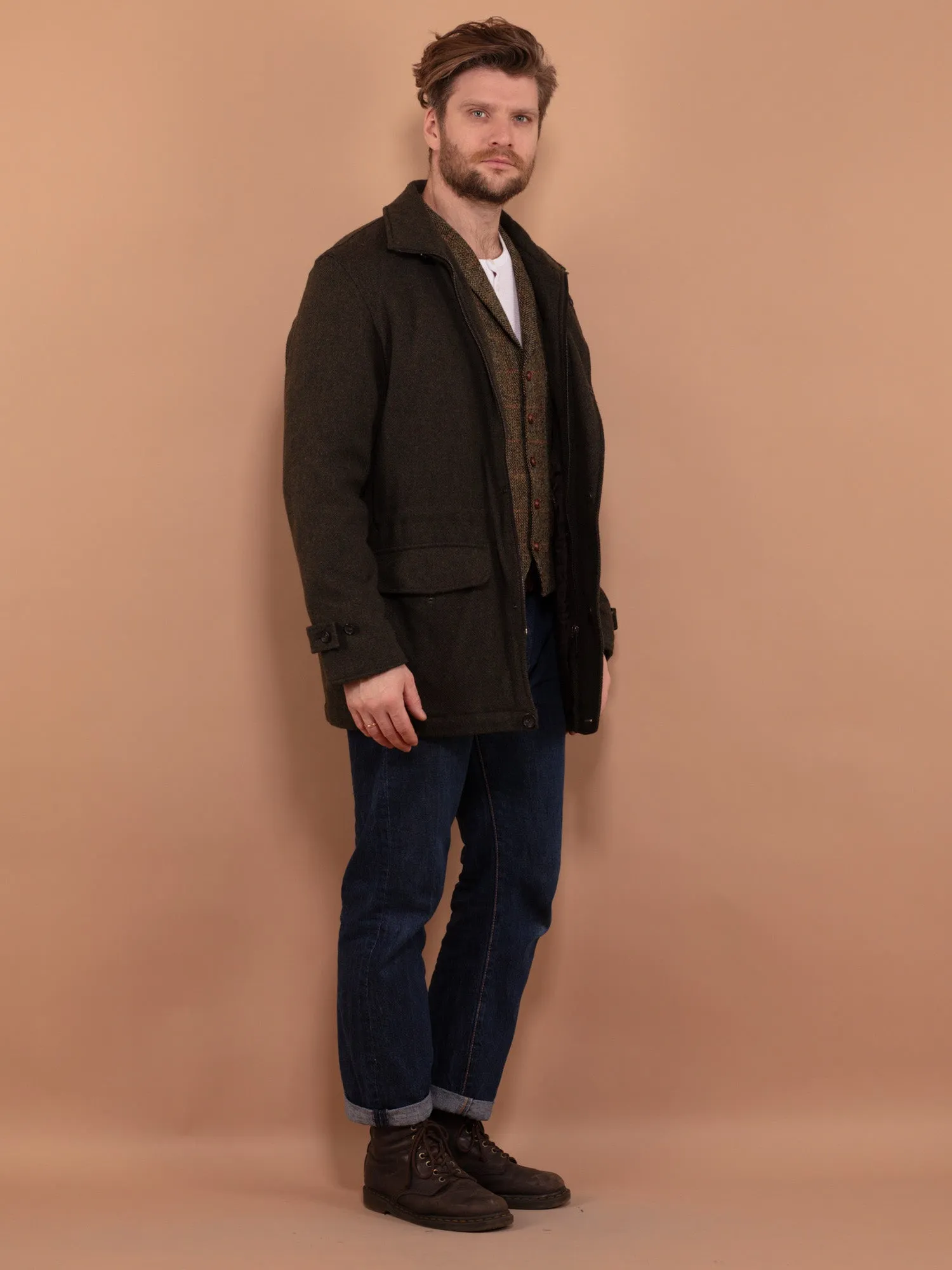 Vintage 00's Men Wool Blend Parka Jacket in Khaki Green