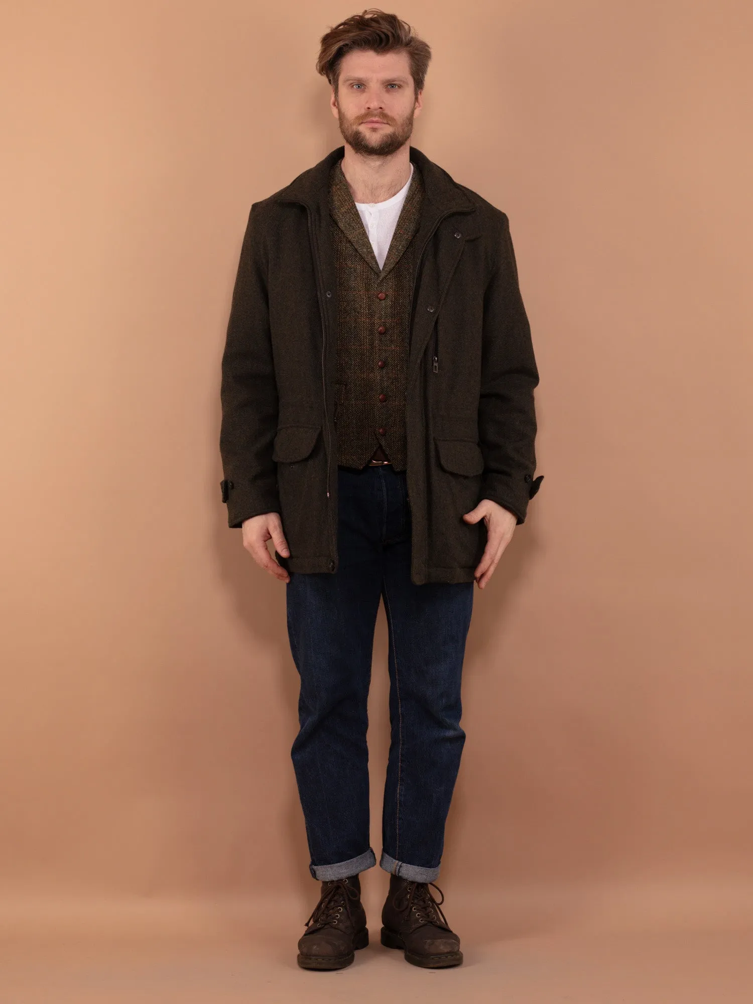 Vintage 00's Men Wool Blend Parka Jacket in Khaki Green
