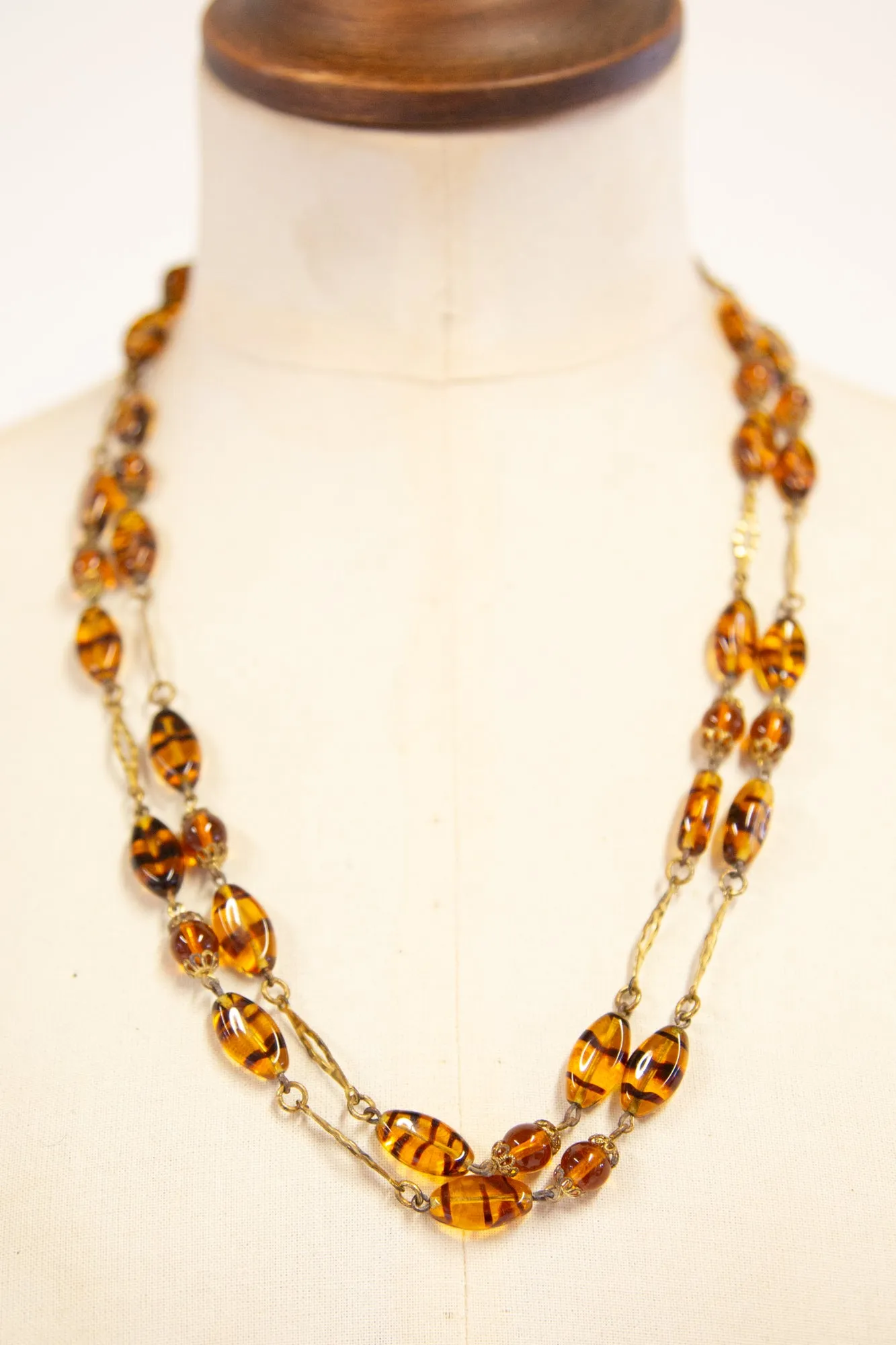 Vintage 1930s Double Amber Stripe Glass Necklace