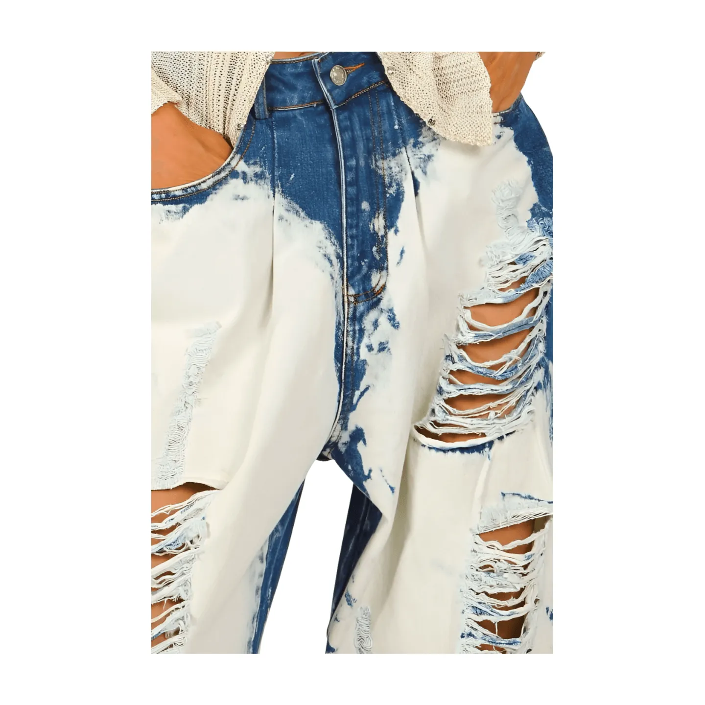 Washed Distressed Wide Denim Pants