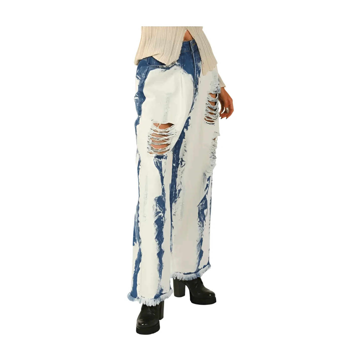 Washed Distressed Wide Denim Pants
