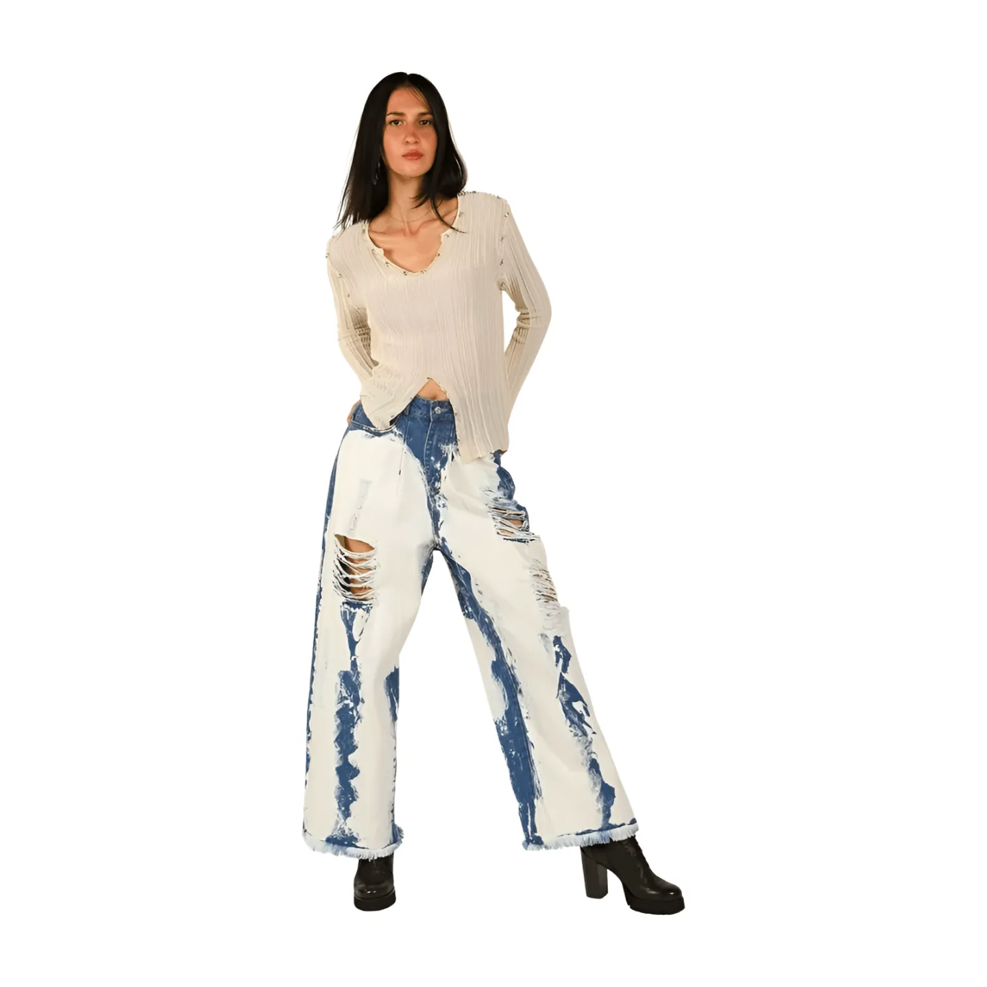 Washed Distressed Wide Denim Pants