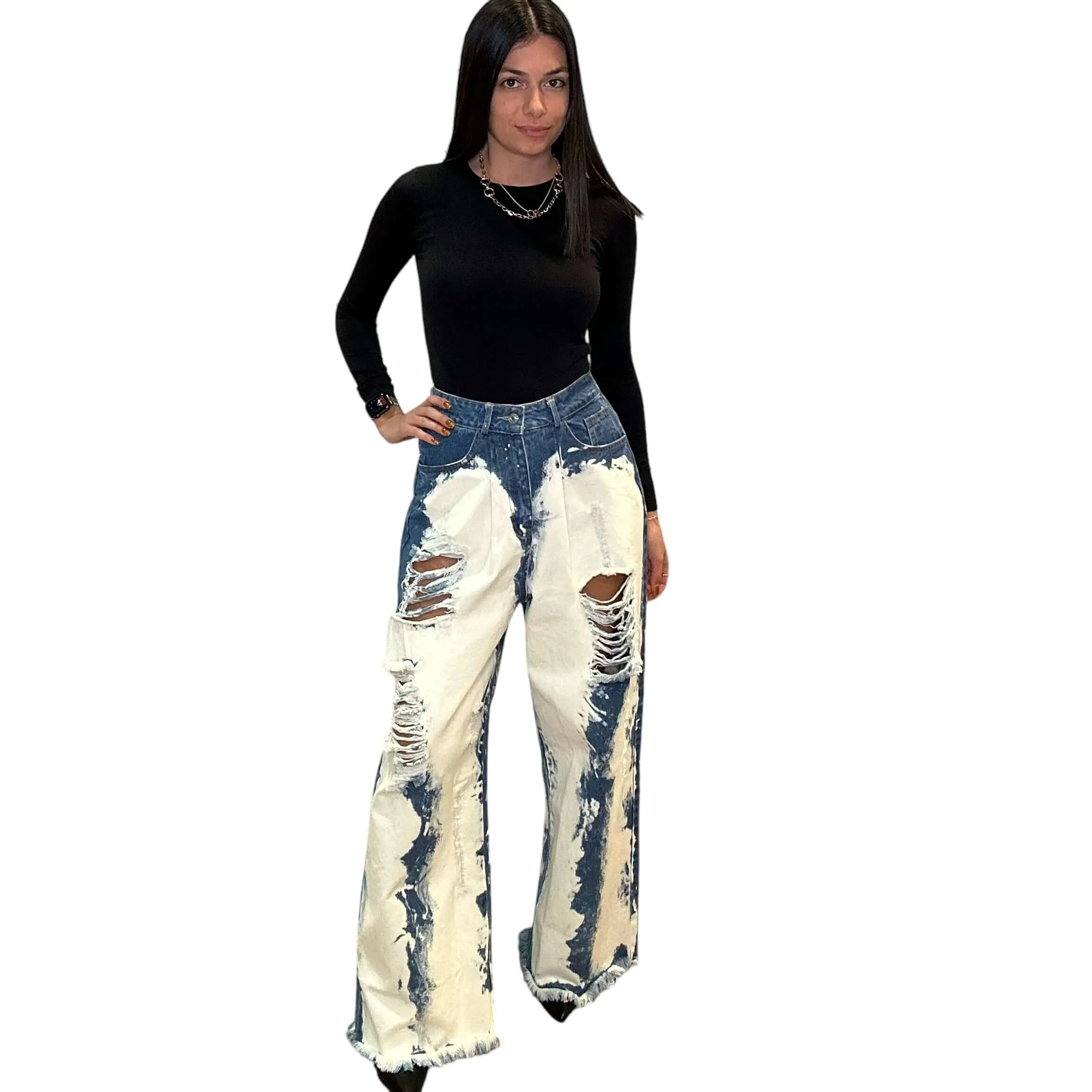 Washed Distressed Wide Denim Pants