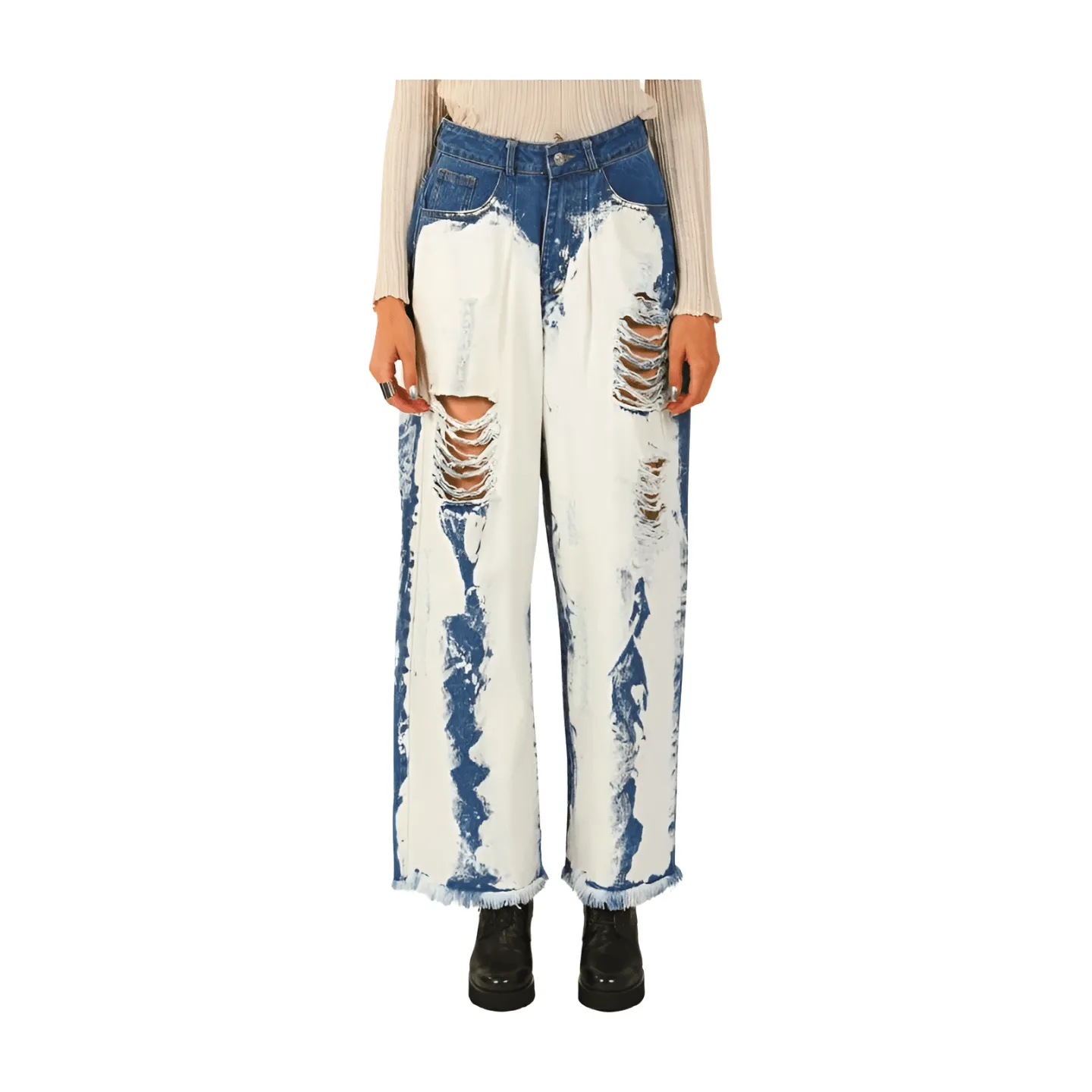 Washed Distressed Wide Denim Pants