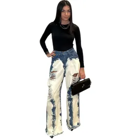 Washed Distressed Wide Denim Pants
