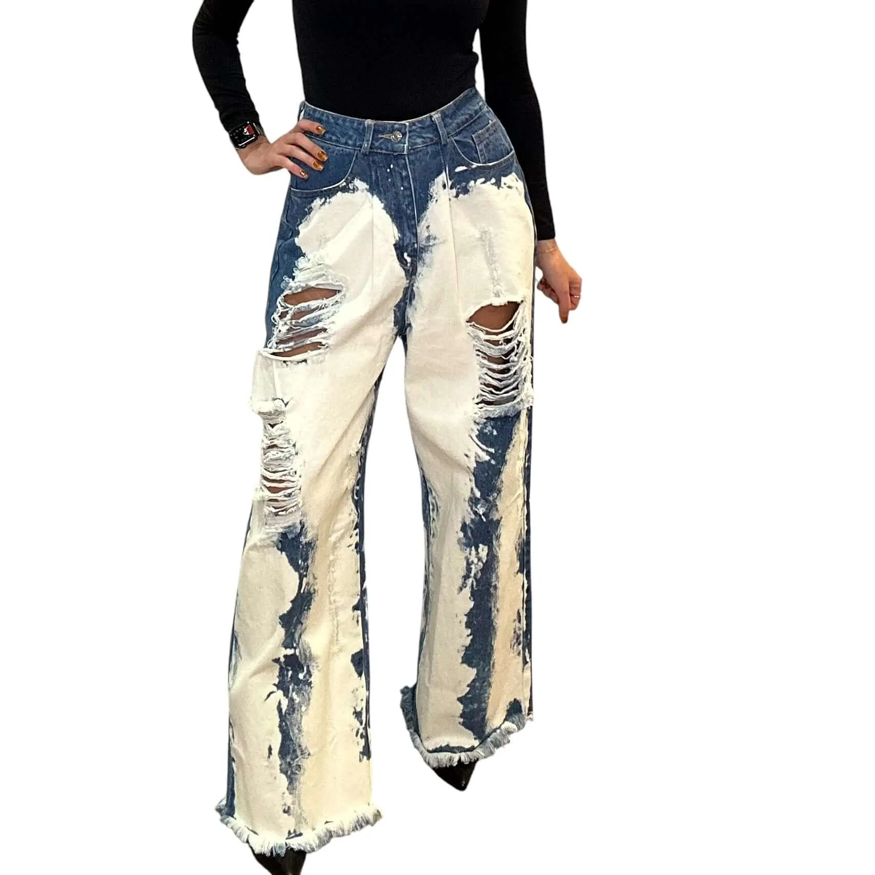 Washed Distressed Wide Denim Pants