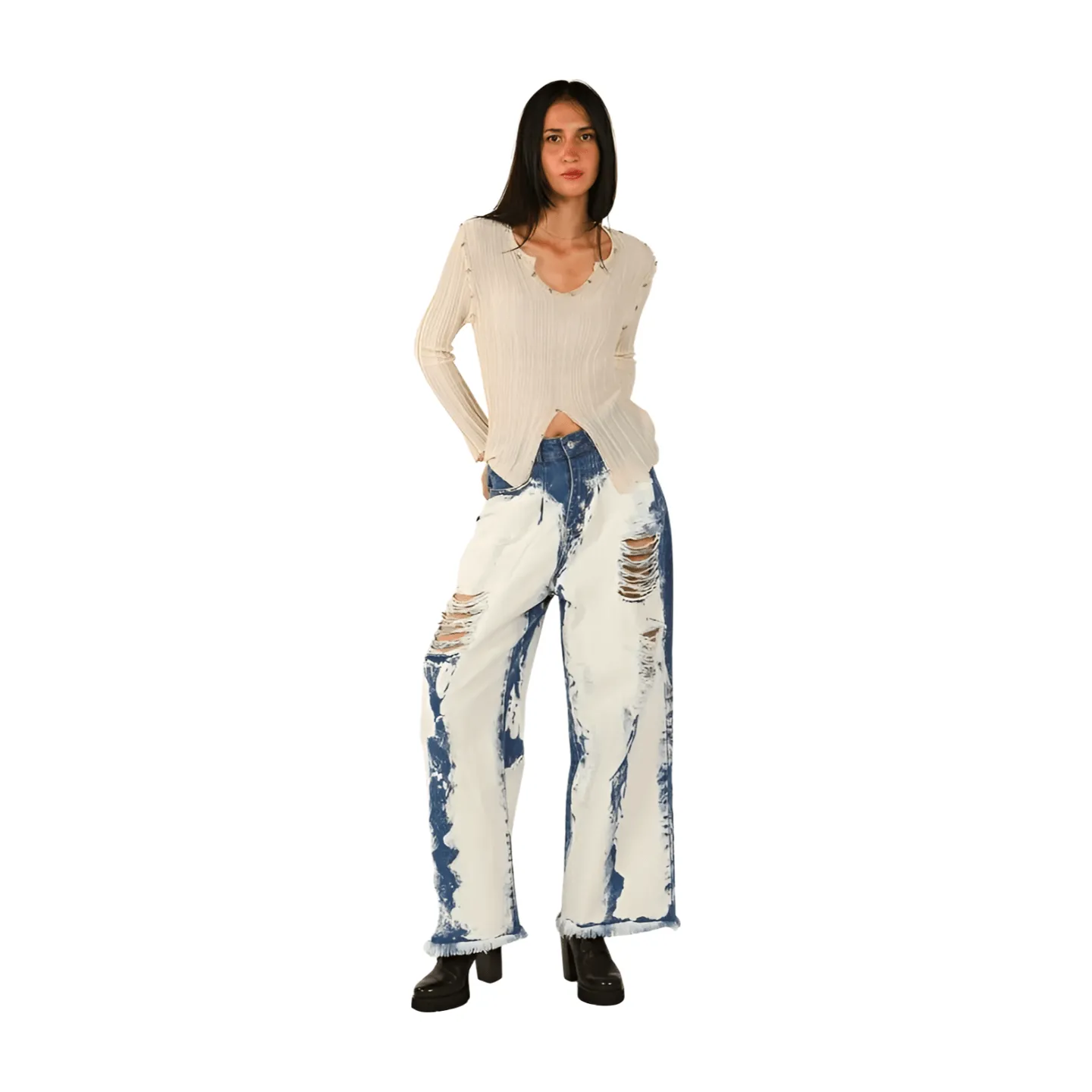 Washed Distressed Wide Denim Pants