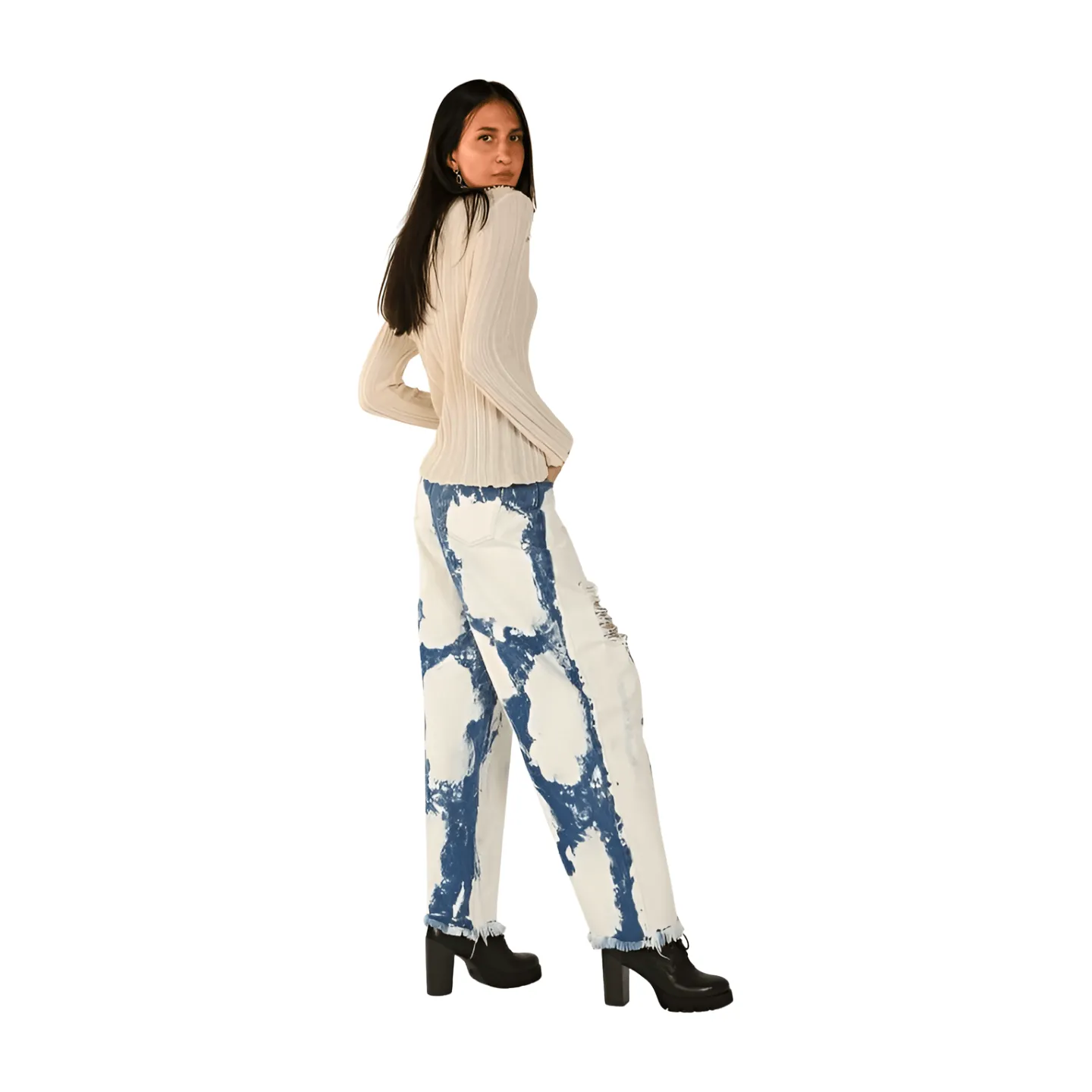 Washed Distressed Wide Denim Pants