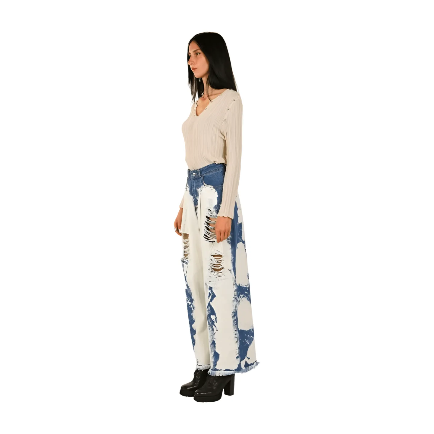 Washed Distressed Wide Denim Pants