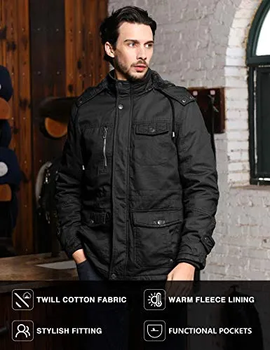WenVen Men's Winter Fleece Military Coats Parka Jackets Outerwear Black L
