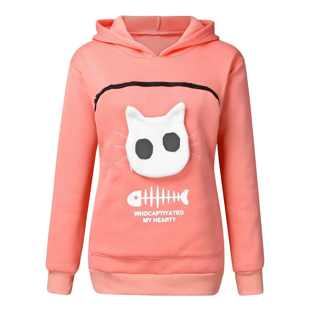 Winter Women Hooded Sweatshirts Women'S Sweatshirt Animal Pouch Hood Tops Carry Cat Breathable Pullover Sweatshirts