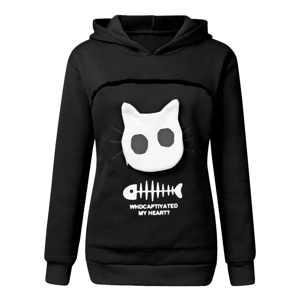 Winter Women Hooded Sweatshirts Women'S Sweatshirt Animal Pouch Hood Tops Carry Cat Breathable Pullover Sweatshirts