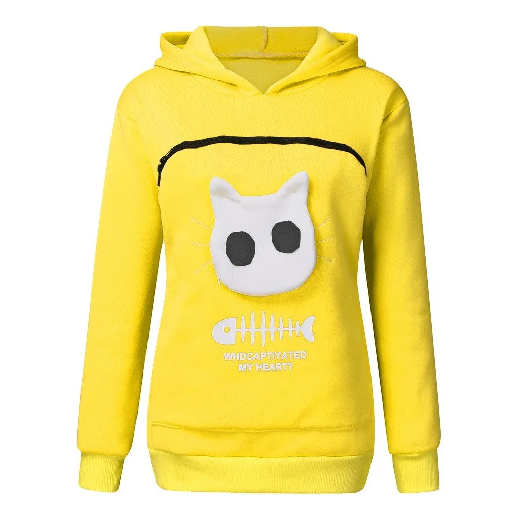 Winter Women Hooded Sweatshirts Women'S Sweatshirt Animal Pouch Hood Tops Carry Cat Breathable Pullover Sweatshirts