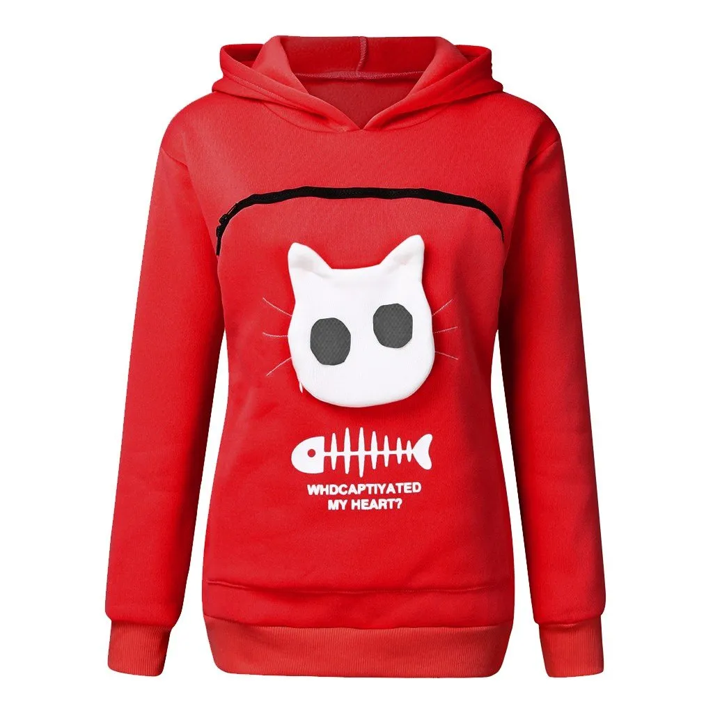 Winter Women Hooded Sweatshirts Women'S Sweatshirt Animal Pouch Hood Tops Carry Cat Breathable Pullover Sweatshirts