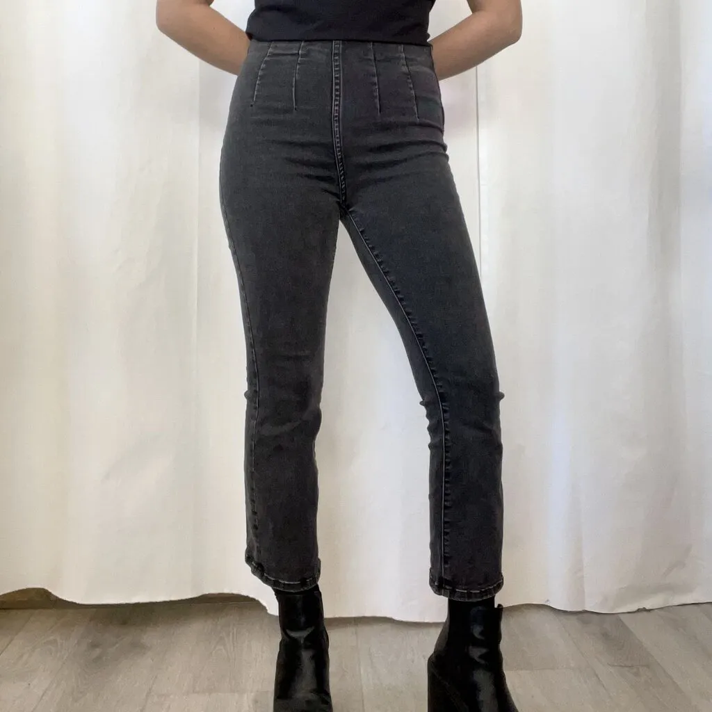 women Free People Free People Gray Denim High Rise Cropped Pleated Skinny Jeans W26 Washed Black Jeans 26