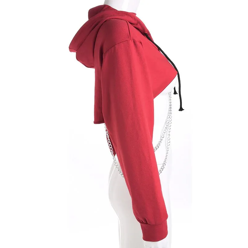 Women's Autumn Cotton Oversize Long-Sleeved Cropped Hoodie With Decorative Chains