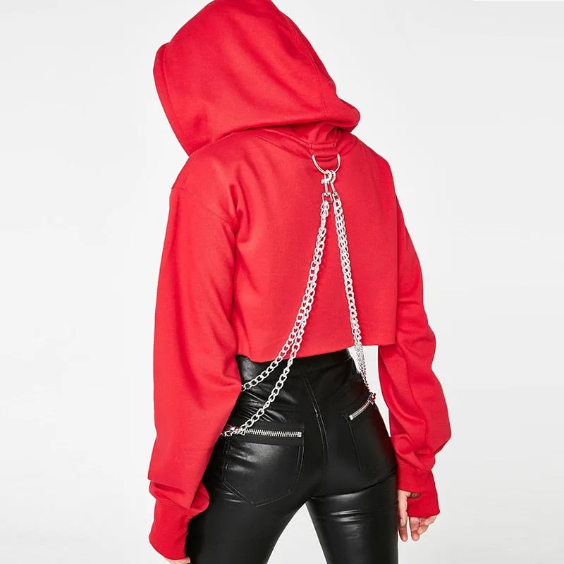 Women's Autumn Cotton Oversize Long-Sleeved Cropped Hoodie With Decorative Chains