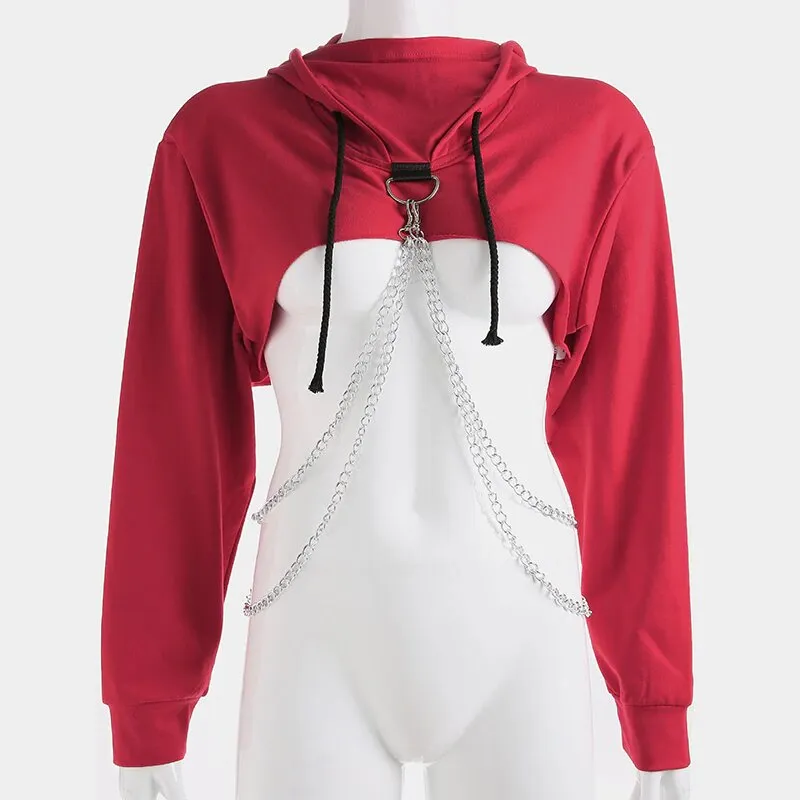 Women's Autumn Cotton Oversize Long-Sleeved Cropped Hoodie With Decorative Chains