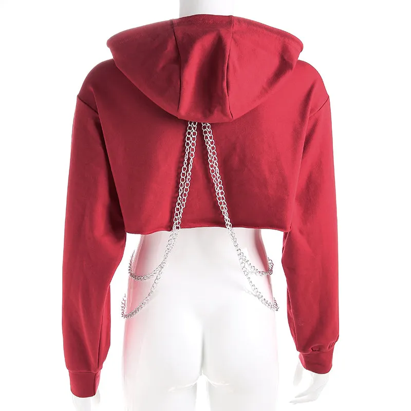 Women's Autumn Cotton Oversize Long-Sleeved Cropped Hoodie With Decorative Chains