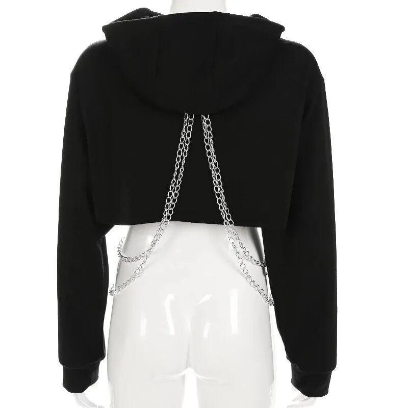 Women's Autumn Cotton Oversize Long-Sleeved Cropped Hoodie With Decorative Chains