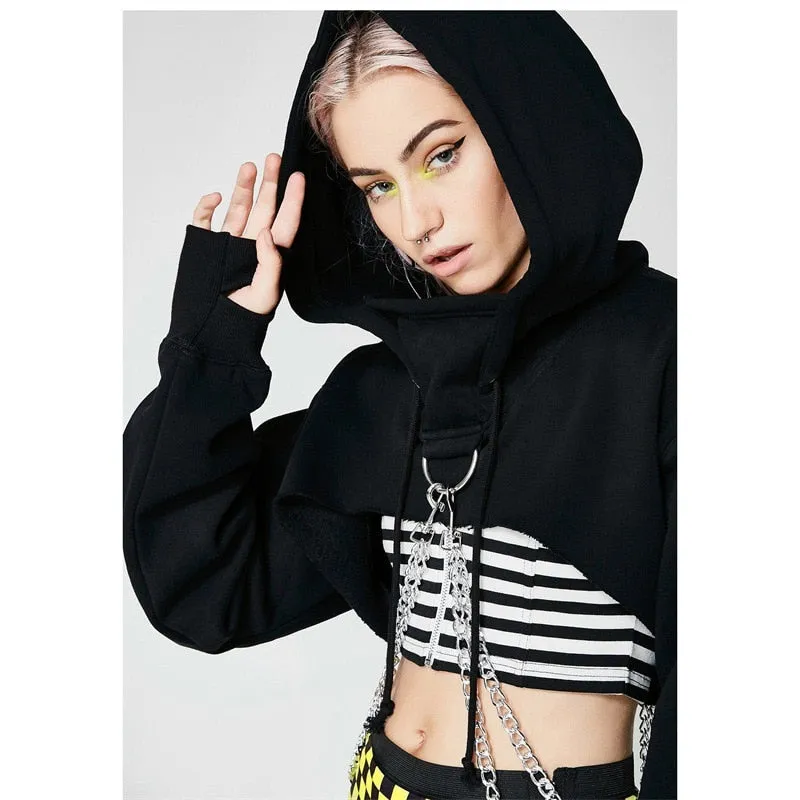 Women's Autumn Cotton Oversize Long-Sleeved Cropped Hoodie With Decorative Chains