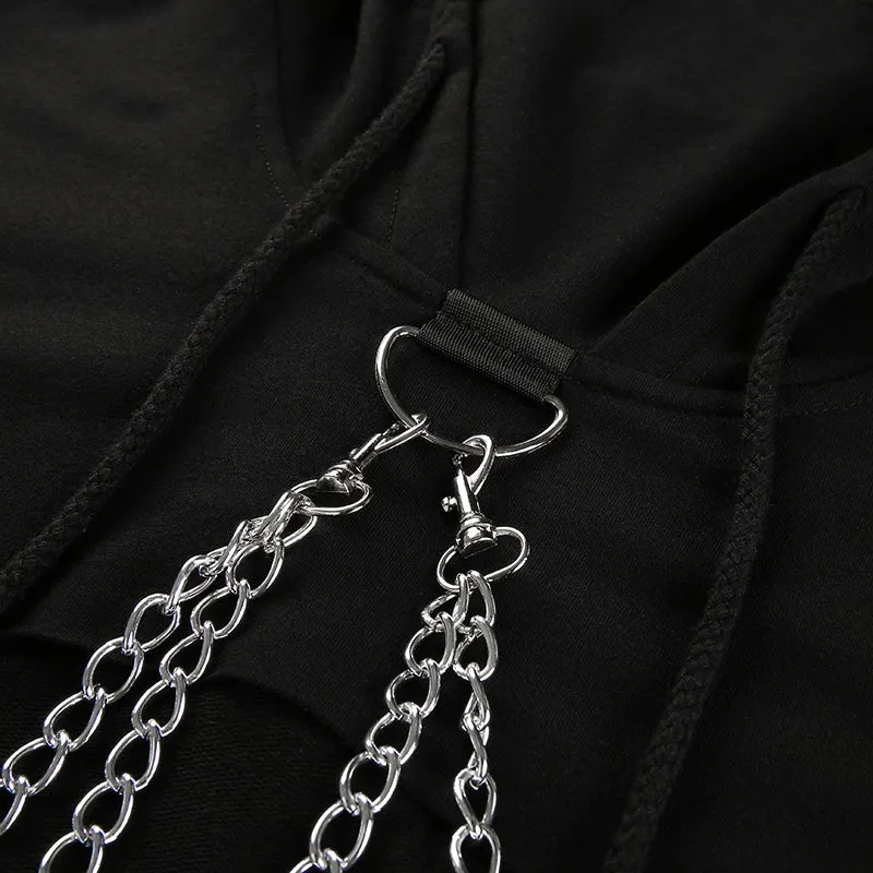Women's Autumn Cotton Oversize Long-Sleeved Cropped Hoodie With Decorative Chains