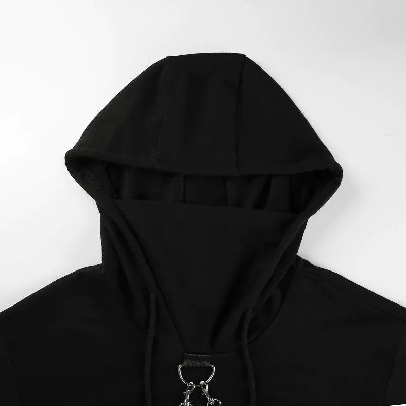 Women's Autumn Cotton Oversize Long-Sleeved Cropped Hoodie With Decorative Chains