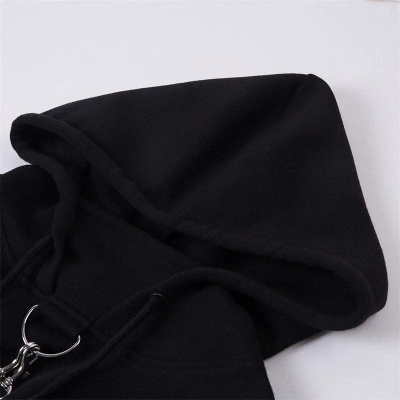 Women's Autumn Cotton Oversize Long-Sleeved Cropped Hoodie With Decorative Chains