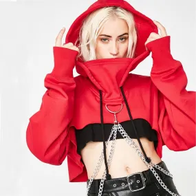 Women's Autumn Cotton Oversize Long-Sleeved Cropped Hoodie With Decorative Chains