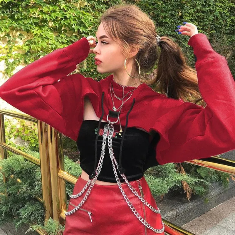 Women's Autumn Cotton Oversize Long-Sleeved Cropped Hoodie With Decorative Chains