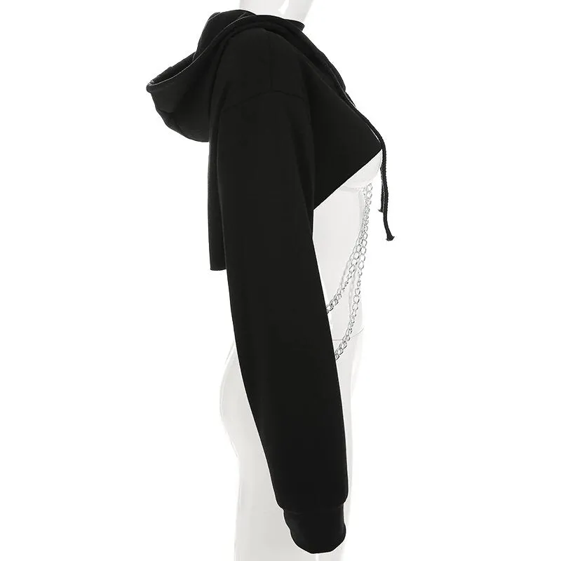 Women's Autumn Cotton Oversize Long-Sleeved Cropped Hoodie With Decorative Chains