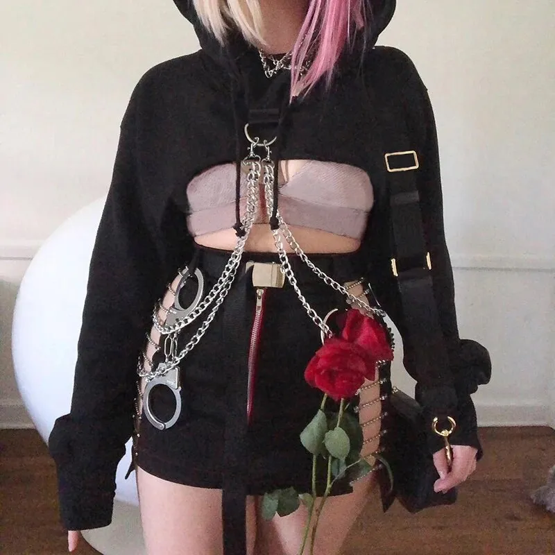 Women's Autumn Cotton Oversize Long-Sleeved Cropped Hoodie With Decorative Chains