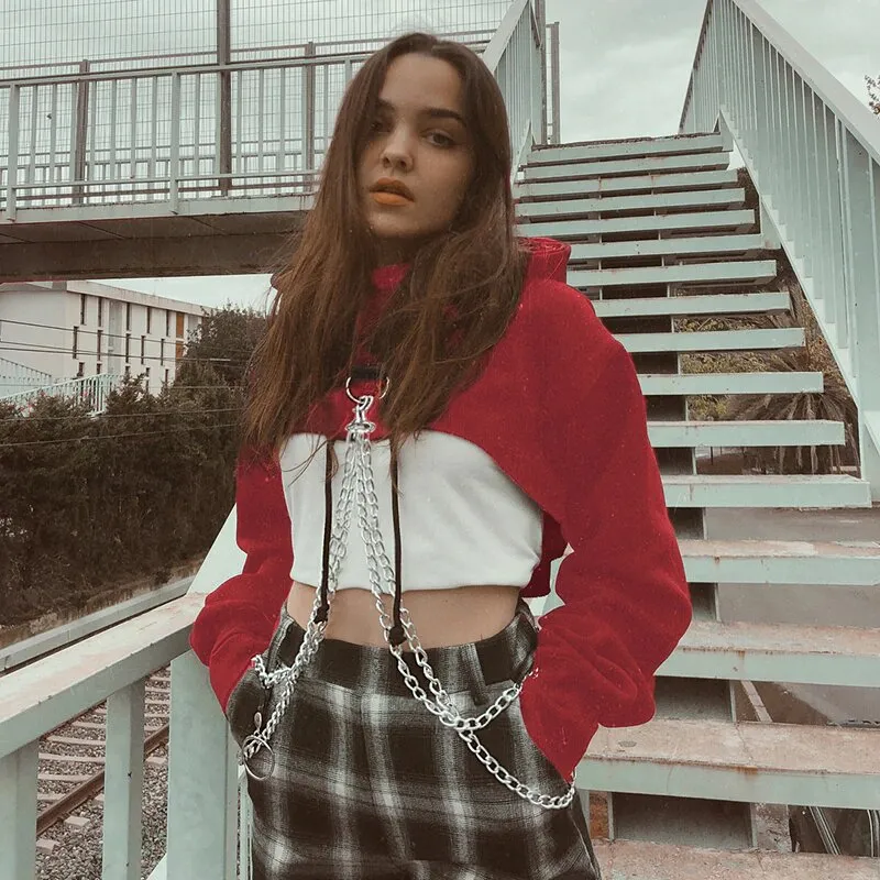 Women's Autumn Cotton Oversize Long-Sleeved Cropped Hoodie With Decorative Chains