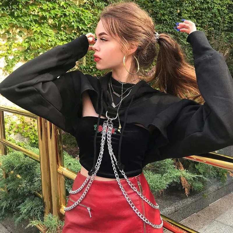 Women's Autumn Cotton Oversize Long-Sleeved Cropped Hoodie With Decorative Chains