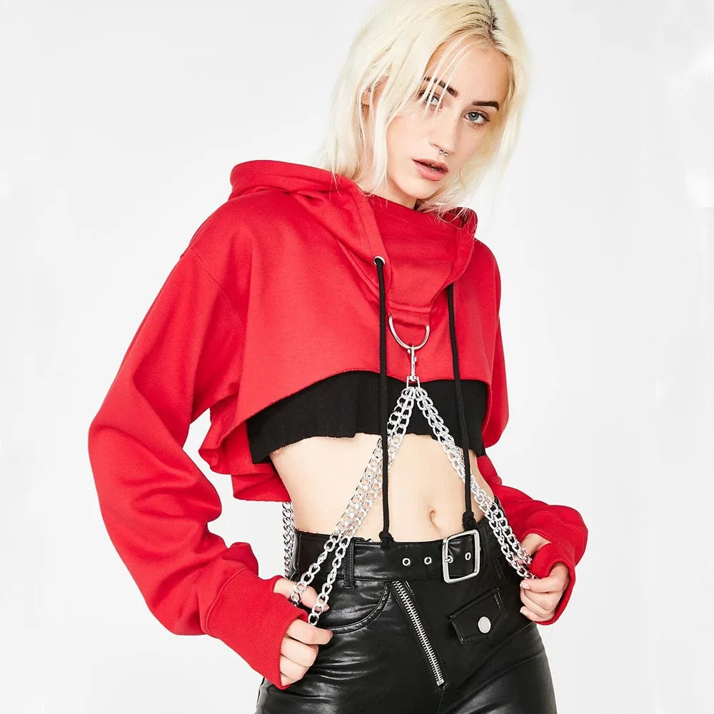 Women's Autumn Cotton Oversize Long-Sleeved Cropped Hoodie With Decorative Chains
