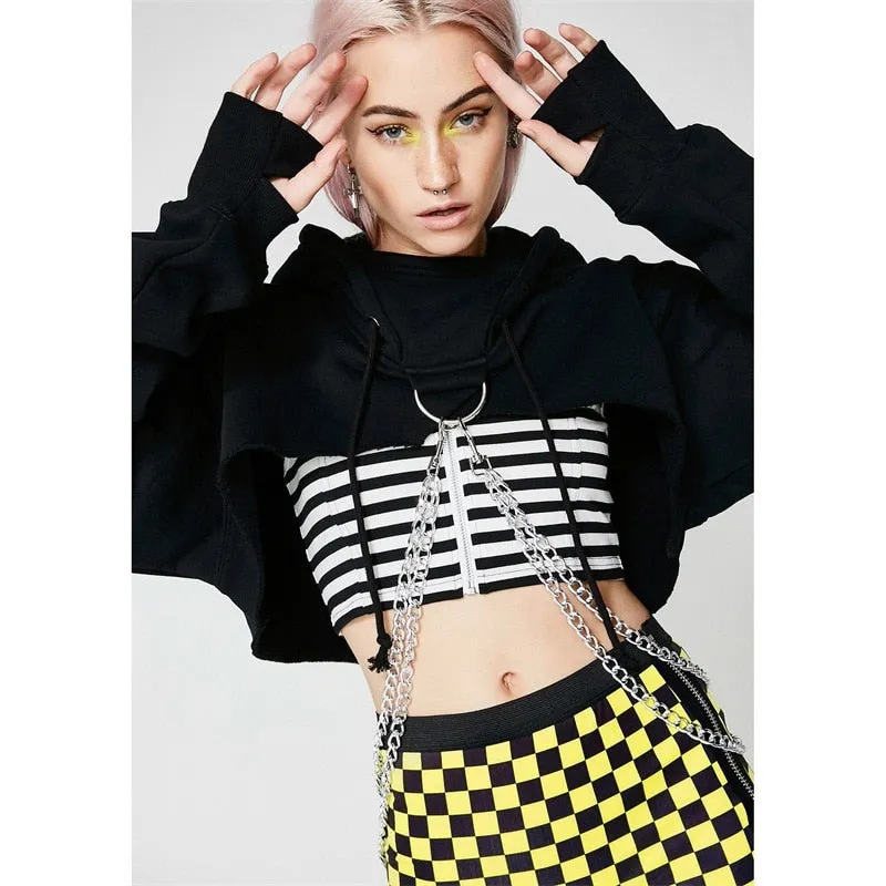 Women's Autumn Cotton Oversize Long-Sleeved Cropped Hoodie With Decorative Chains