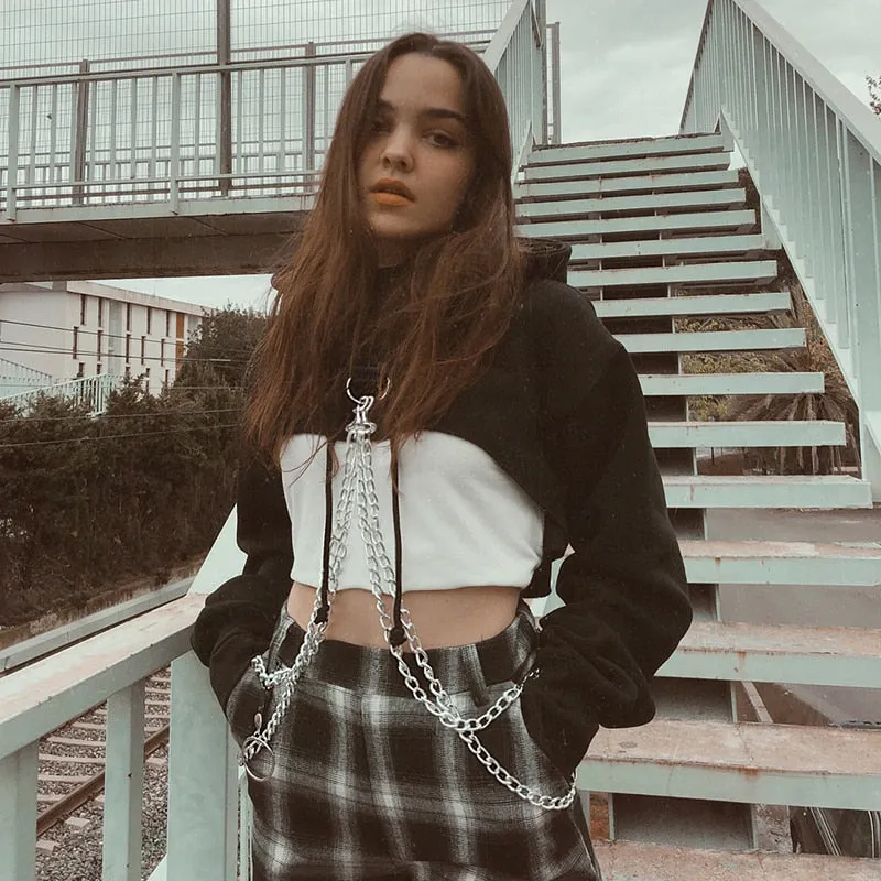 Women's Autumn Cotton Oversize Long-Sleeved Cropped Hoodie With Decorative Chains