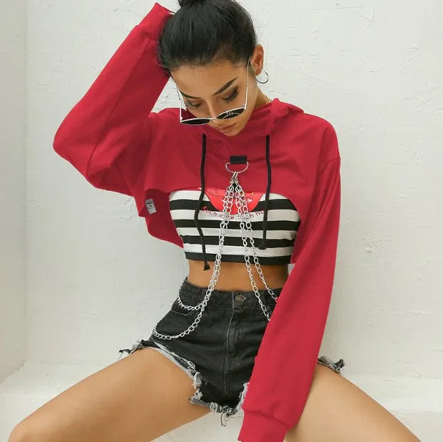 Women's Autumn Cotton Oversize Long-Sleeved Cropped Hoodie With Decorative Chains