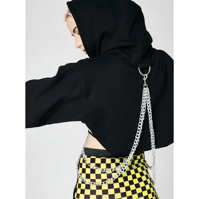 Women's Autumn Cotton Oversize Long-Sleeved Cropped Hoodie With Decorative Chains