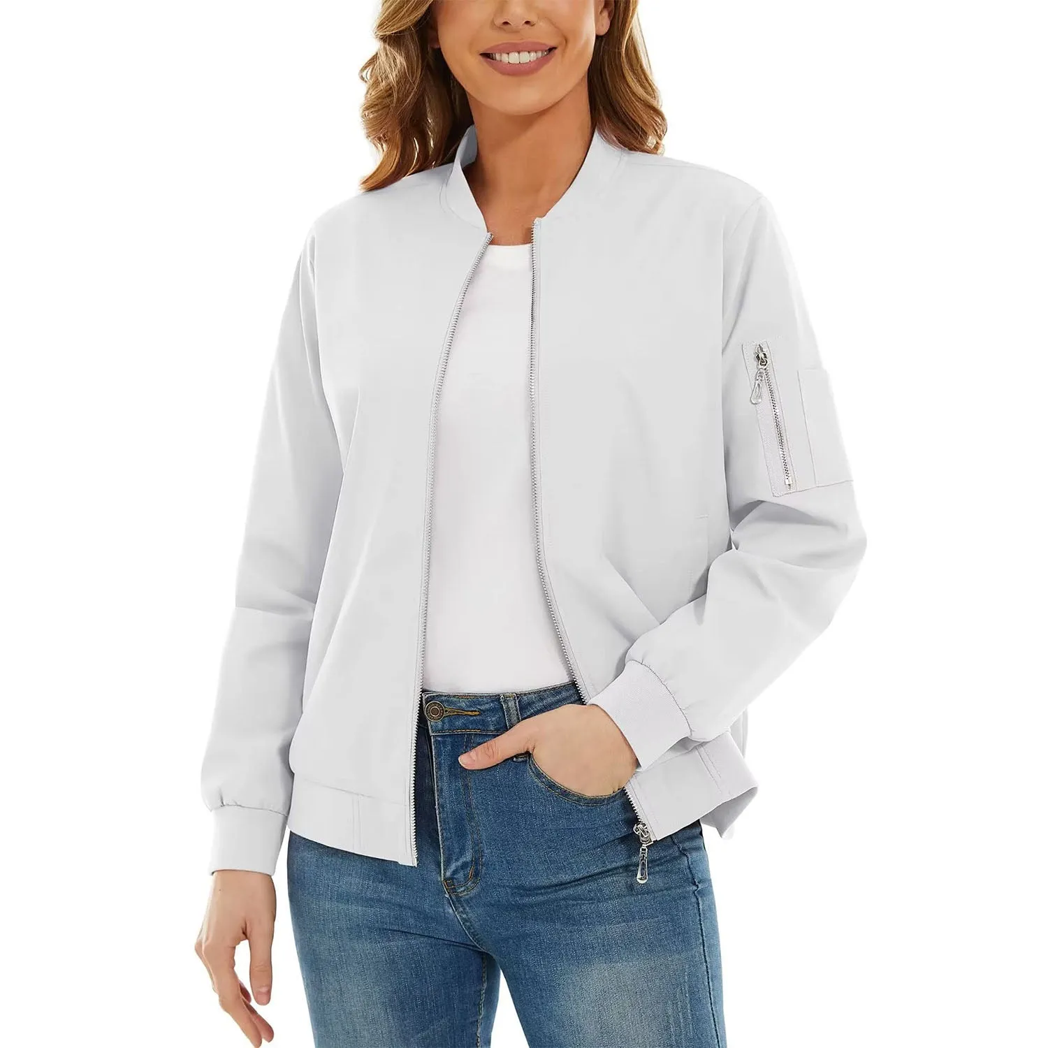 Women's Bomber Jackets Casual Jacket with 3 Pockets Spring Windbrealer Coat Fashion Outwear