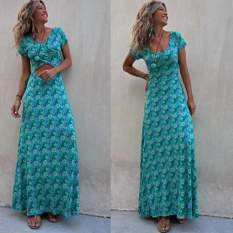 Women's Short-sleeved Two-sided Wear Wide Hem Printed Dress