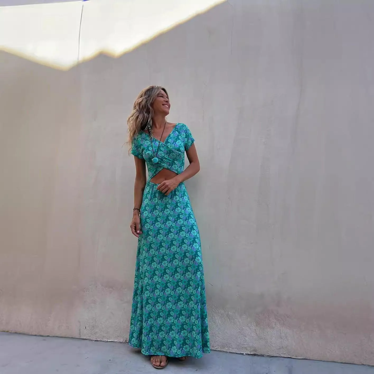 Women's Short-sleeved Two-sided Wear Wide Hem Printed Dress